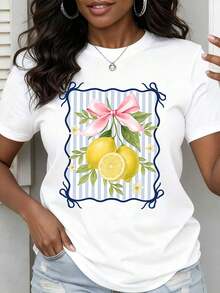 Camiseta de Verano con Estampado Vintage de Limones y Diseño de Lazo, Camiseta Casual para Mujer, Top con Estampado de Frutas de Verano, Ropa de Mujer Moderna y Fresca - Blanco - Ver 7