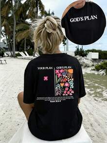 Vintage Women's Round Neck T-Shirt With Double-Sided Print, "God's Plan, Your Plan" (Isaiah 55:8-9), Floral Pattern T-Shirt, Casual Christian Faith Top, Soft And Lightweight Women's T-Shirt, Religious Gift, Breathable And Stylish. - 紅色 - 查看 10