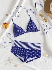 wohenmeili Bộ bikini gợi cảm buộc dây cổ, họa tiết chấm bi, dành cho nữ, thích hợp mặc đi biển mùa hè. - màu xanh hải quân và chấm trắng - Xem 3