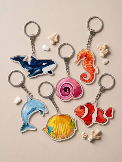 1pc Ocean Animal Theme Flat Acrylic Keychain Pendant, Unisex Creative Watercolor Dolphin, Seahorse, Whale Bag Charm Decor, Personalized Accessory Suitable For Car Rearview Mirror Ornament, Multi-Functional Key Holder