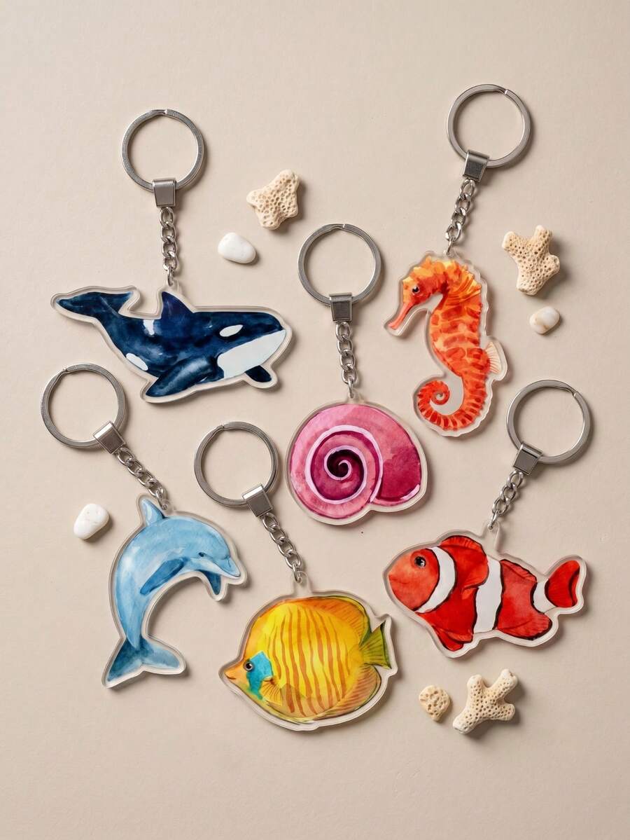 1pc Ocean Animal Theme Flat Acrylic Keychain Pendant, Unisex Creative Watercolor Dolphin, Seahorse, Whale Bag Charm Decor, Personalized Accessory Suitable For Car Rearview Mirror Ornament, Multi-Functional Key Holder - Multicolor - View 1