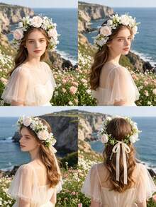 1pc Pastel Pink Faux Flower Wreath Headband, Girly Outdoor Photo Prop, Spring Floral Hair Accessory, Halo Headpiece For Photoshoot - Beige - View 1