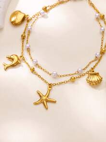 1 chiếc vòng chân hai lớp hình sao biển và ngọc trai bằng thép không gỉ mạ vàng 18K, phụ kiện đi biển mùa hè, quà tặng hàng ngày cho phụ nữ - Vàng - Xem 4