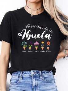Women's Casual Short Sleeve Round Neck Sports T-Shirt With Spanish Letter Print For Spring And Summer > Beautiful. - 黑色 - 查看 1