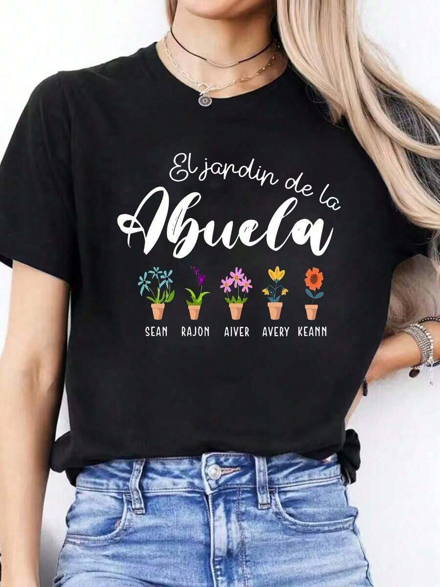 Women's Casual Short Sleeve Round Neck Sports T-Shirt With Spanish Letter Print For Spring And Summer > Beautiful. - 黑色 - 查看 1