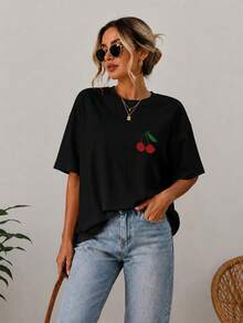 Camiseta de Mujer Blanca Casual de Moda con Estampado de Cerezas, Adecuada para Uso Diario Casual - Ropa de Primavera/Verano para Mujer - Negro - Ver 3