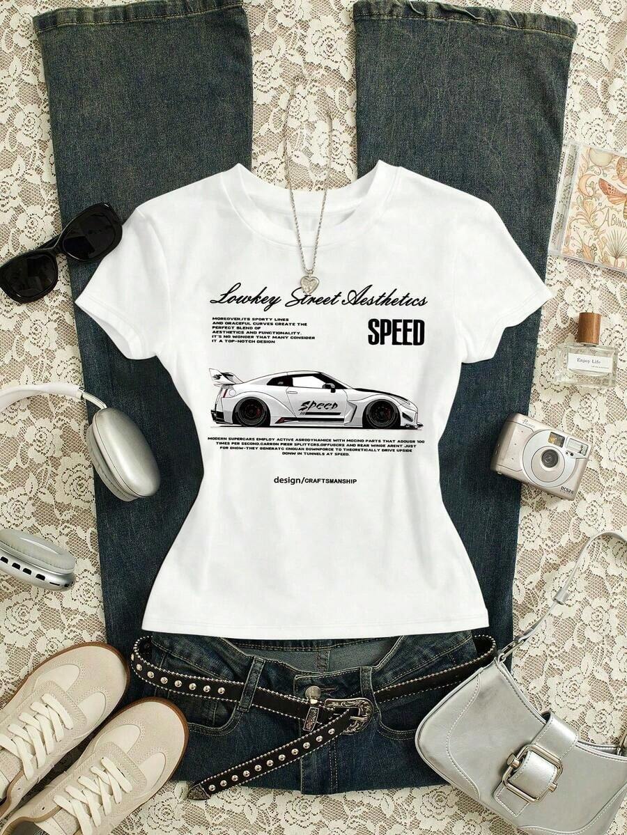 Women's Personalized Short Sleeve T-Shirt With Round Neck And Slogan Print - Urban Vintage Style, Loose Fit, Cotton - White - View 1