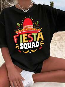 Women's Oversized T-Shirt With Hat And Chili Print, Fiesta Style, For Cinco De Mayo, Round Neck, Short Sleeve, Loose Fit, Mexican Urban Summer Clothing, Cinco De Mayo Celebration, Everyday Wear, Gift For Her, Cute Blouses 100% Cotton - 黑色 - 查看 6