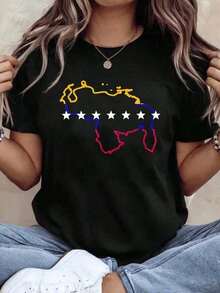 Minimalist1 pieza Camiseta de talla grande para mujeres VenezuelaS con estampado gráfico de manga corta de algodón, cuello redondo, lavable a máquina, g, 100% algodón suaveWomen's Simple Solid Color T-shirt, Loose and Slim Fit Casual Short Sleeve - Negro - Ver 11