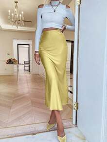 Sollinarry Falda larga de unicolor básica, corte slim, estilo casual de calle para uso diario, elegante en negro para verano y primavera - Amarillo claro - Ver 2