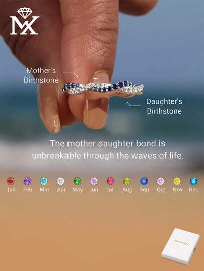 Personalized Wavy Birthstone Ring, Featuring A Captivating Dual Birthstone Wave Design To Celebrate The Special Bond Between You And Your Daughter. Two Sparkling Birthstones Gracefully Dance Within The Elegant Wavy Design, Symbolizing The Beautiful Connection You Share. This Makes A Wonderful Keepsake For Mothers Who Wish To Cherish Their Daughter's Birthstone, Or As A Meaningful Gift.