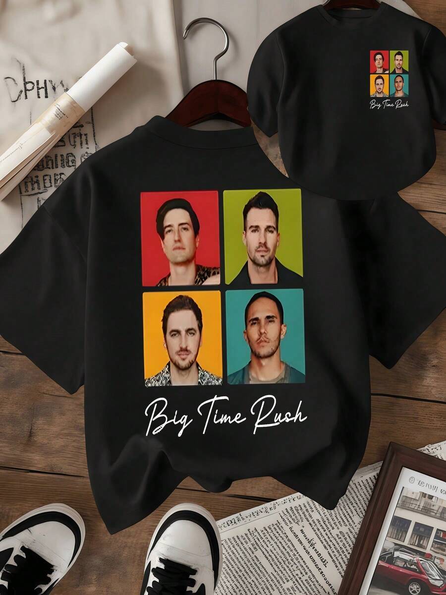 Four Colorful Framed Portraits Represent The Youthful Energy And Unity Of A Musical Group, Conveying Joy And Confidence On Both Sides Of A Modern And Casual Double-Sided Printed Women's T-Shirt For Everyday Wear. - 黑色 - 查看 1