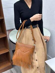 1 pieza Bolso de cubo vintage con flecos para mujer, bolso cruzado reversible con flecos - Marrón 3 - Ver 4