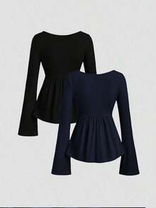 2 piezas Conjunto de camisetas de manga larga versátiles, elegantes y cómodas para mujer - Multicolor 6 - Ver 2