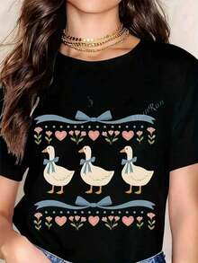 Camiseta con Estampado de Patos Adorables para Mujer - Patos en Tonos Pastel con Corazones y Lazos, Camiseta de Algodón Suave con Cuello Redondo para Moda de Primavera y Verano - Negro - Ver 7