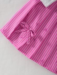 Conjunto de 2 piezas de top de punto acanalado de cuello en V blanco + falda con estampado de lazo a rayas verticales para niñas, adecuado para uso diario, actividades al aire libre y eventos, primavera/verano - Rosa Fucsia - Ver 5