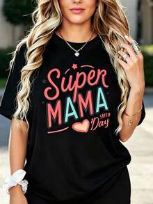 1pscNueva camiseta de algodónCamiseta de Mujer Super Mama - Talla Grande Negra Manga Corta Cuello Redondo con Letras Super Mom & Huella, Diseño Corazón Rosa Rojo - Regalo para el Día de la Madre, Corte Casual, Uso Durante Todo el Año para Super Mamás &Women's short-sleeved printed T-shirtEl mejor regalo para mamá en el Día de la Madre. Adecuado como regalo. playera de mujer. blusas>elegantes 100% Algodón - Negro - Ver 3