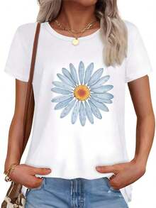 Camisa Casual con Estampado de Margaritas para Mujer |   Camiseta de verano de manga corta, cuello redondo, ligera y transpirable, diseño azul brillante y blanco, imprescindible para primavera y verano, camisa con estampado floral. - Blanco - Ver 3