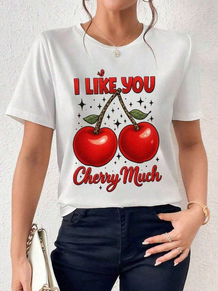 Offers And Women's T-Shirt, Fun Cherry, Graphic T-Shirt - Gift For Fruit Lovers - Women's Short Sleeve Round Neck Leopard Print Cherry T-Shirt Casual Minimalist Summer Style Men's T-Shirt Tops Sweatshirts For Women Y2k T-Shirt Shirt - 黑色 - 查看 1