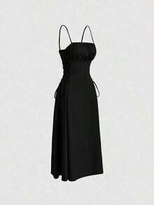 Vestido de tirantes unicolor pecho con fruncido con cordón lateral - Negro - Ver 3