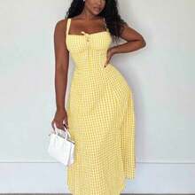 Women's Casual Plaid Print Spaghetti Strap Slit Midi Dress Women Summer Clothing Women Summer Sets Woman S Summer Clothes Women S Clothes Women Plus Sun Dress Yellow Summer Dress Women Yellow Sundress Women Cotton Summer Dresses Gingham Summer Dress Summer Dress,Boho Clothes Women New Year Vacation Check - Amarillo - Ver 1