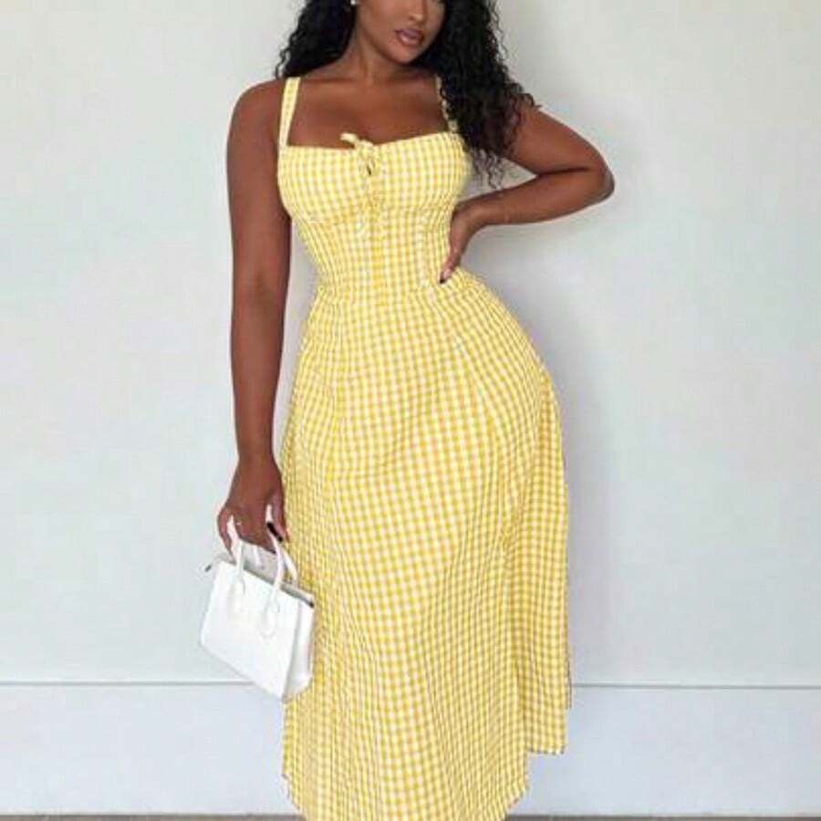 Women's Casual Plaid Print Spaghetti Strap Slit Midi Dress Women Summer Clothing Women Summer Sets Woman S Summer Clothes Women S Clothes Women Plus Sun Dress Yellow Summer Dress Women Yellow Sundress Women Cotton Summer Dresses Gingham Summer Dress Summer Dress,Boho Clothes Women New Year Vacation Check - Amarillo - Ver 1