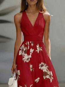 Vestido midi elegante con escote en V sin mangas y cintura ceñida, estampado de patchwork AB, adecuado para el trabajo y las vacaciones - Rojo - Ver 4