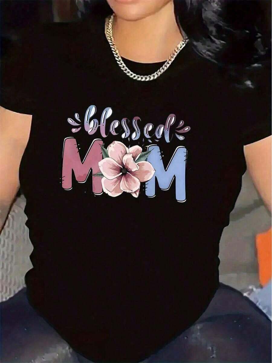 Altamente recomendado [S-7XL] Nueva Camiseta de Algodón para Mamá |    Diseño con estampado floral, ideal para la sala de estar en casa, tela cómoda y duradera, ropa casual elegante, regalo perfecto para el Día de la Madre, material ligero y transpirable, adecuado para uso diario y ocasiones especiales. El mejor regalo para mamá en el Día de la Madre. Fácil de combinar. - Negro - Ver 1