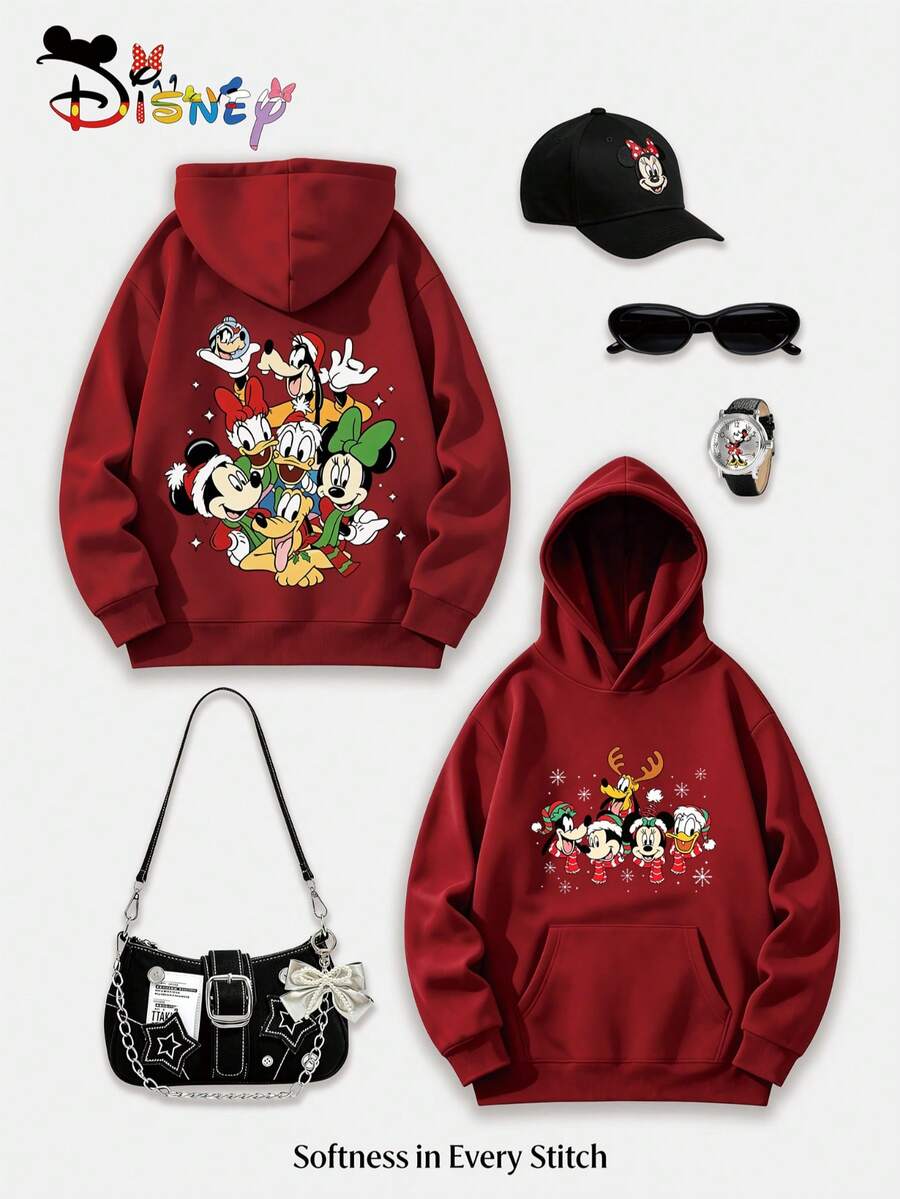Disney Y2K Style Printed Hoodie, Retro Christmas Mickey Mouse Family Pattern Hooded Top, Burgundy, Perfect For The New Year And A Great Holiday Gift. (Women's Autumn/Winter Clothing/Elegant Women's Outfits/Patterned Hoodies/Printed Tops/Casual Outfits For Women/Women Trending Now/Holiday Co-Ord) - 紅色 - 查看 1