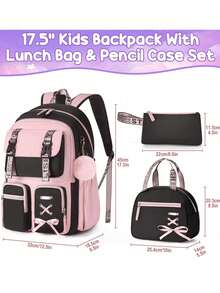 Backpack For Girls, 3 PCS Waterproof Girls Backpack With Lunch Box & Pencil Case, Kid Backpacks For Teen Girl Kindergarten Elementary Middle High School Student Back To School Kid Bookbag Set - Pink& Black - 查看 2