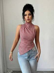 Camiseta de tirantes ajustada con dobladillo asimétrico y lunares rojos para mujer - Rojo 2 - Ver 5