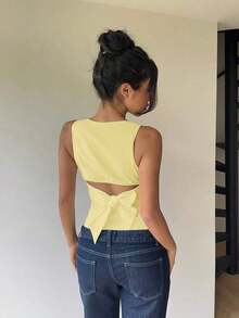 2 piezas Camisa sin espalda con lazo y cuello redondo sin mangas para mujer, Top estilo Y2K, adecuado para ir al trabajo, salidas, vacaciones, Paquete de 2 tops sin mangas para mujer, Top sin mangas para mujer, Conjunto de 2 piezas para mujer, Blus - Amarillo - Ver 6