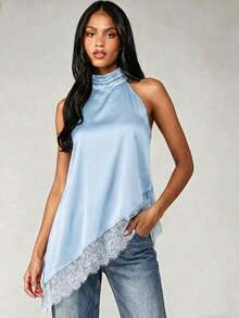 Top de tirantes negro para mujer, bajo asimétrico, diseño sin espalda, con ribete de encaje en contraste, longitud regular para verano - Celeste - Ver 3