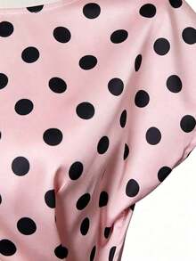 Nueva camiseta de satén de verano para mujer con cuello redondo y lunares elegante - Rosa - Ver 4