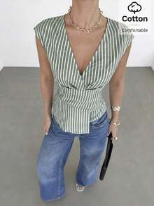Blusa de mujer de cuello en V a rayas, versátil para uso diario, atuendos casuales de mujer, atuendos de verano de mujer, blusas casuales para mujer, blusas de mujer para el verano, blusa de cuello en V a rayas - Verde Oscuro - Ver 4