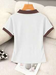 Blusa casual de mujer con cuello polo a rayas y manga corta - Blanco y Negro 5 - Ver 2