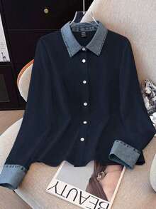 Camisa de efecto de mezclilla de parchwork casual para mujer, otoño/invierno - Azul marino - Ver 3