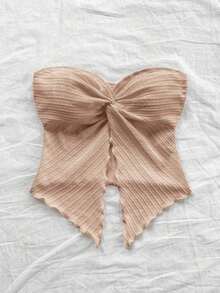 Nuevo estilo de top tubo de punto estampado rosa con dobladillo retorcido asimétrico y espalda descubierta para playa, resort, festival de música y verano bohemio para mujeres - Rosa Pálido 2 - Ver 6