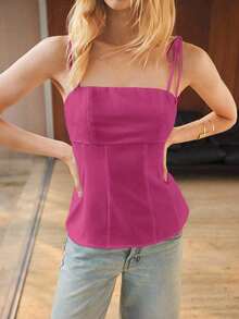 Maija Top de tirantes minimalista y elegante para conciertos y exteriores en verano, de unicolor, con cintura ceñida y lazos en los hombros - Rojo violeta - Ver 2