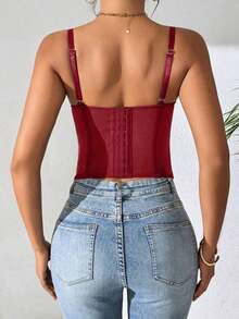 1 pieza Parte superior corta ajustada con adorno de encaje de moda para mujer, top corset de Body ceñido sexy, adecuado para fiesta, viaje, reunión, Navidad, San Valentín, Halloween, verano casual - Burdeos - Ver 6