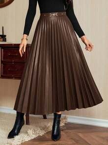 DECDS Falda plisada elegante vintage para mujer, de cuero sintético, para uso casual en la oficina, vacaciones, fiesta.Falda plisada maxi elegante en color borgoña, falda de cuero sintético elegante, falda plisada midi, falda borgoña, para otoño, invierno, Navidad, Acción de Gracias para mujeres - Caqui - Ver 2