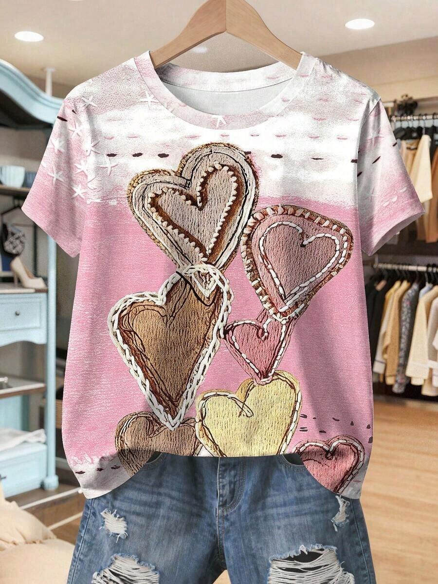 Camiseta de mujer con cuello redondo y manga corta con estampado floral sintético, cómoda para uso casual diario - Rosa - Ver 1