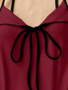 Top de tirantes con lazo y ribete de lechuga en contraste, elegante y ajustado, top para salir para mujeres, apto para el estilo del milenio - Burdeos - Ver 6