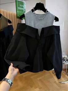 Blusa suelta de manga larga y hombros descubiertos de moda para mujeres - Negro - Ver 1