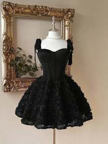 Elegante, romántico y de moda vestido de satén color café con hombros descubiertos y cola de sirena, con decoración floral 3D y volantes en el bajo, adecuado para fiestas de solteros, bodas, graduaciones, vacaciones, tardes de té y ocasiones formales - Negro - Ver 1