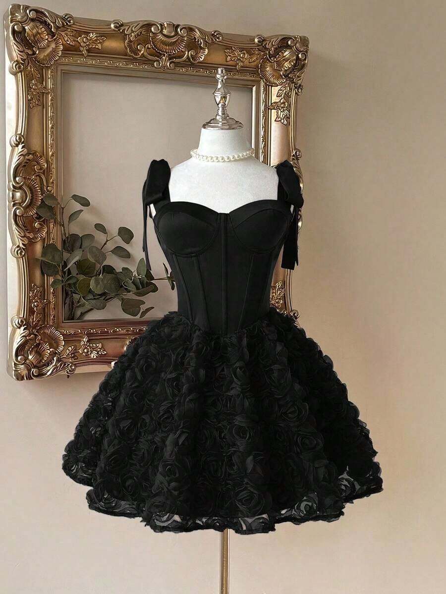 Elegante, romántico y de moda vestido de satén color café con hombros descubiertos y cola de sirena, con decoración floral 3D y volantes en el bajo, adecuado para fiestas de solteros, bodas, graduaciones, vacaciones, tardes de té y ocasiones formales - Negro - Ver 1