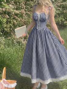 Vestido midi de estilo romántico y campestre con estampado de cuadros rojos y blancos - Azul marino - Ver 4