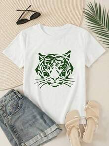 Camiseta blanca Casual de las mujeres con estampde tigre verde manga corta alrededor del cuello LN5O - Blanco - Ver 3