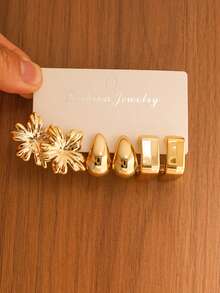 2/16pcs Gold Exaggerated Sunflower, Teardrop, 5-Petal Flower, Leaf Stud Earrings Set, Luxury Metal Versatile Earrings Suitable For Women's Daily, Vacation, Date, Gift - Multicolor - View 10