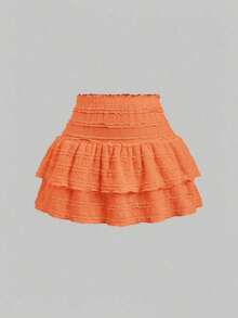 Falda mini casual y de resort Y2K con dobladillo de doble capa y ribete de volantes de unicolor - Naranja - Ver 1